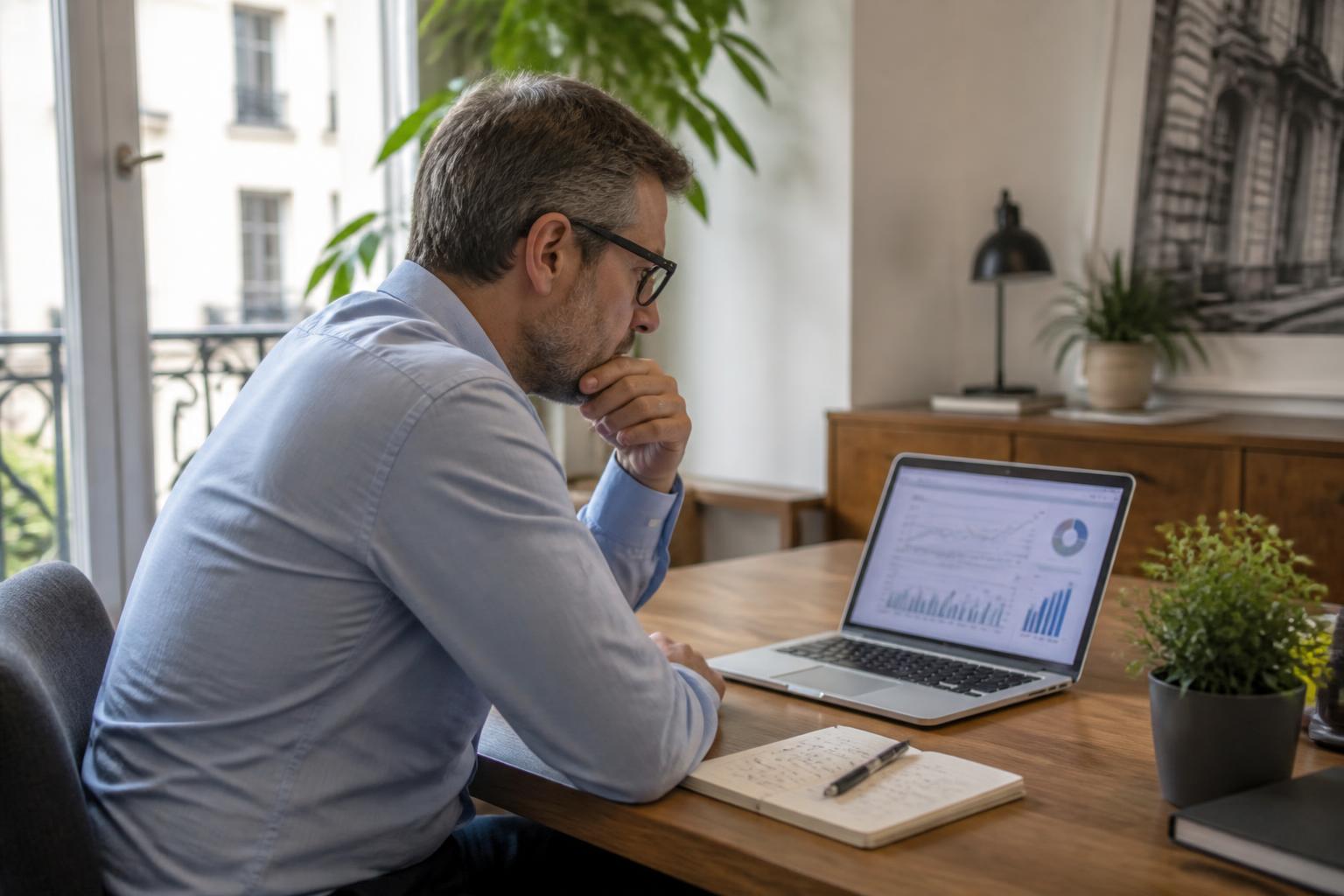 Empresário a analisar o desempenho do website e os pedidos recebidos num portátil, com um caderno de notas ao lado